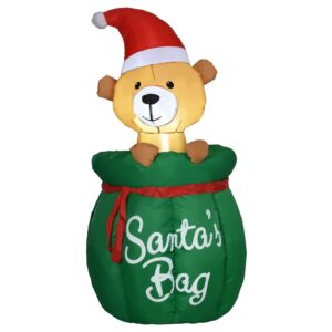 homcom 4.5 ft. christmas inflatables outdoor decorations bear in santa claus toy bag, blow-up holiday yard christmas decor with led