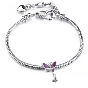 Chili Jewelry Sparkling Dangle Butterfly Charm Beads Compatible With Pandora Charms Bracelets (Purple)