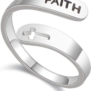 Haoze Inspirational Gifts for Women Stainless Steel Silver Cross Faith Ring Open Statement Rings For Women(Faith)