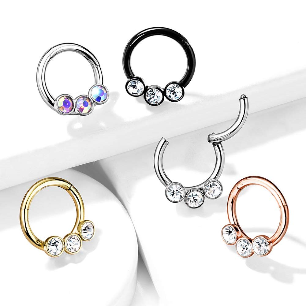 Pierced Owl 16G Stainless Steel Triple Crystal Helix Cartilage Daith Septum Hinged Segment Ring (Silver Tone/Aurora Borealis)