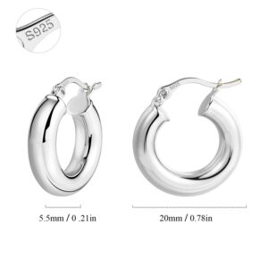 Silver Chunky Hoop Earrings Thick Hoops for Women | 925 Sterling Silver Post Shiny Polished Round-Tube Lightweight Hoop Earrings for Women Girls, Diameter 20mm