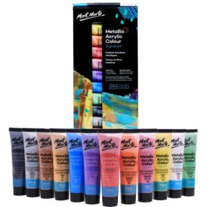 Mont Marte Premium Metallic Acrylic Paint Set, 12 x 1.02oz (36ml) Tubes, 12 Colors, Suitable for Most Surfaces Including Canvas, Card, Paper and Wood