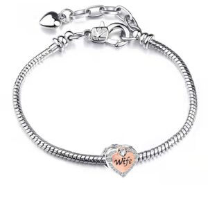 Chili Jewelry Rose Gold Wife Heart Love Charms with Clear Crystal Beads Compatible With Pandora Charms Bracelets