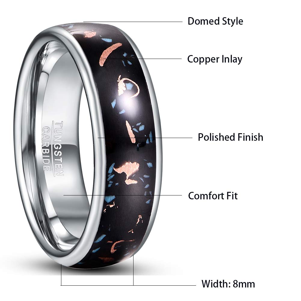 NUNCAD Unisex Tunsten Rings Inlaid with Copper Scraps Wedding Band Comfort Fit Size 10