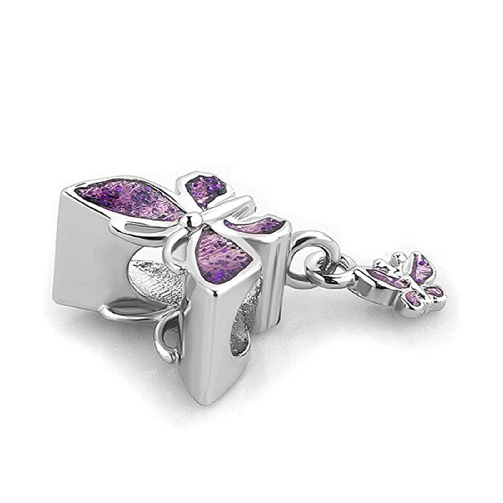 Chili Jewelry Sparkling Dangle Butterfly Charm Beads Compatible With Pandora Charms Bracelets (Purple)