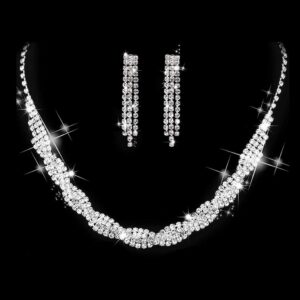 Unicra Bride Silver Necklace Earrings Set Crystal Bridal Wedding Jewelry Rhinestone Bridesmaid Party Choker Drop Dangle for Women and Brides