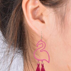 Tassel Pink Flamingo Exaggerated Long Dangle Earrings Retro Creative Hollow Fashion Cute Animal Bird Drop Earrings Boho Trendy Elegant Handmade Flamingo Shape Jewelry for Women -A