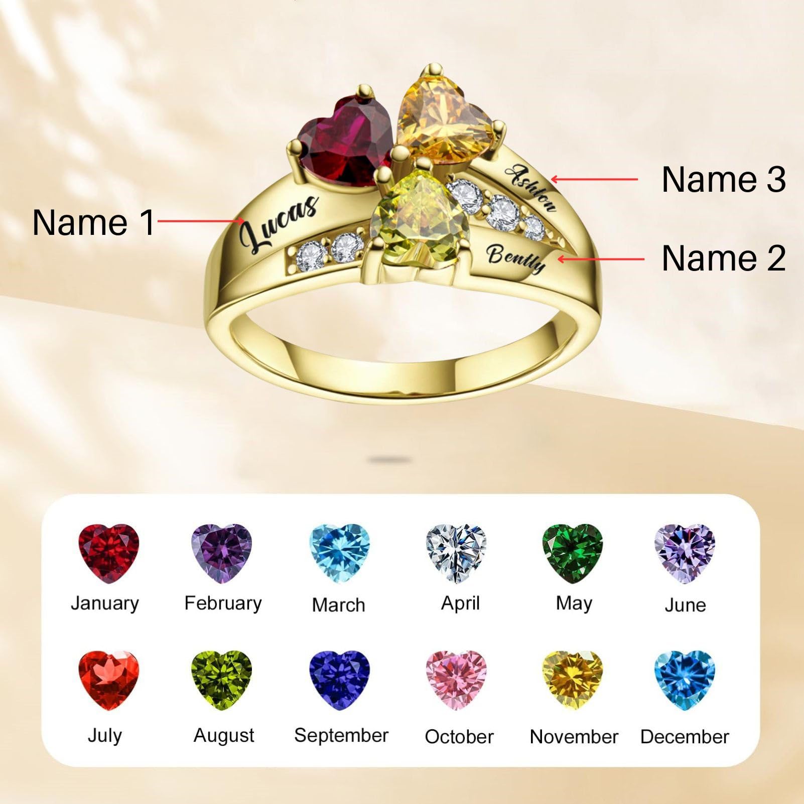 BAUMA Mothers Ring Personalized Sterling Silver Mothers Rings Family Ring with 3 Simulated Birthstones for Grandmother Mother Meaningful Anniversary Rings (Gold, 7)