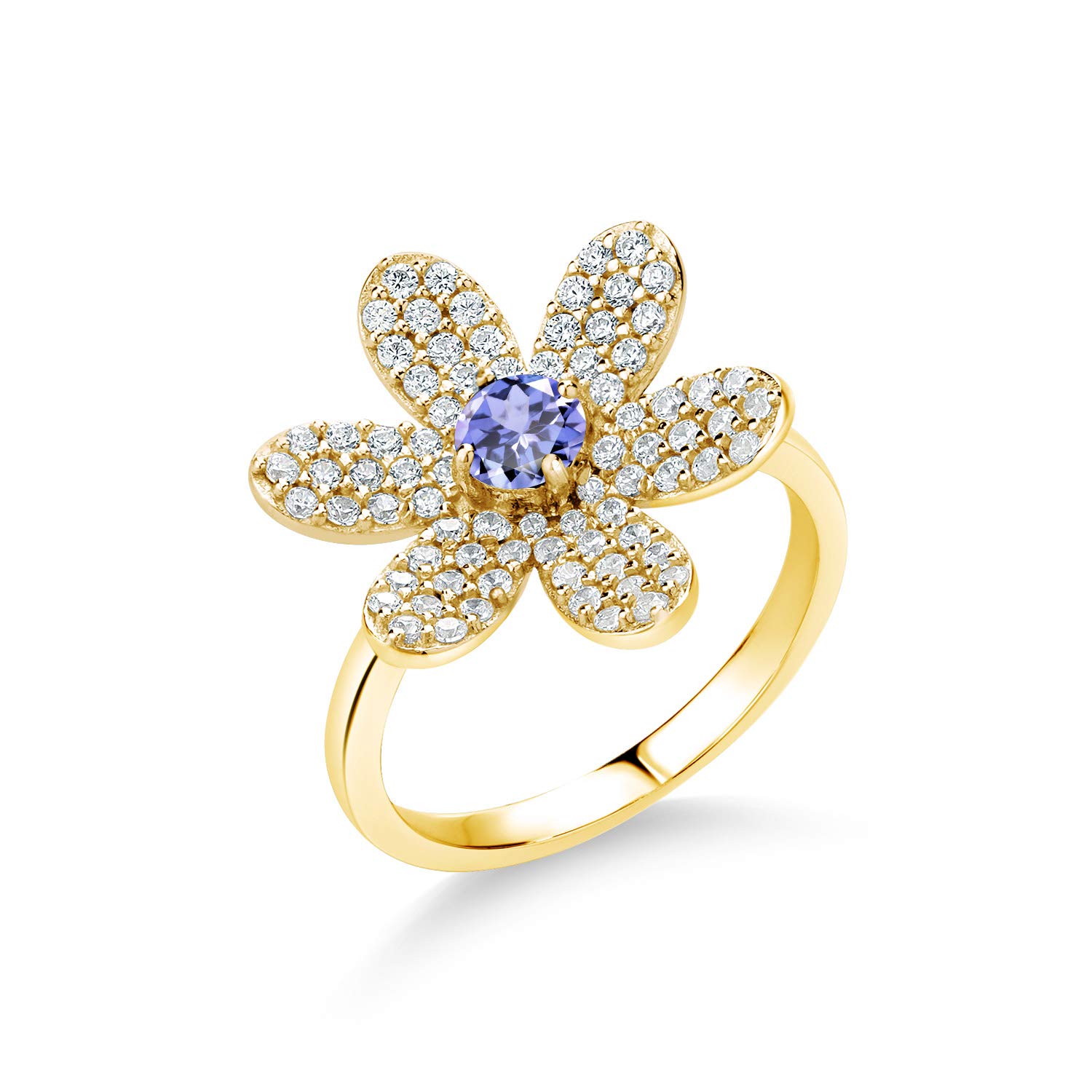 Gem Stone King 18K Yellow Gold Plated Silver 4MM Round Gemstone Birthstone Flower Ring For Women By Keren Hanan | Available in Size 5,6,7,8,9