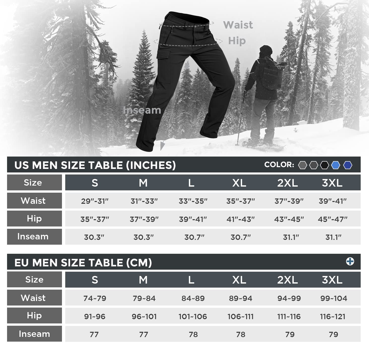 Wespornow Men's-Fleece-Lined-Hiking-Pants Water-Resistance-Snow-Ski-Pants Softshell Snowboarding Pants for Winter, Skiing, Outdoor (Black, XX-Large)