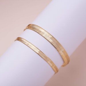 Wowshow Real Gold Plated Snake Chain Bracelet 7MM Flat Herringbone Chain Link Bracelet for Women