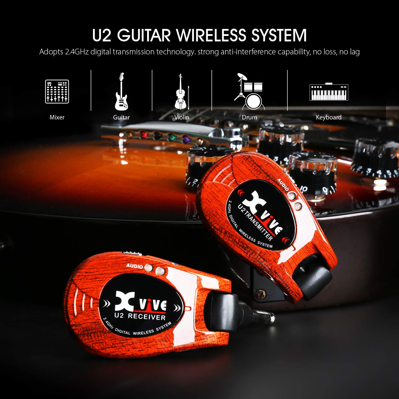 Xvive U2 Guitar Wireless System Guitar Wireless Transmitter and Receiver 2.4GHz 4 Channels for Guitar,Electric Guitar,Bass,Violin