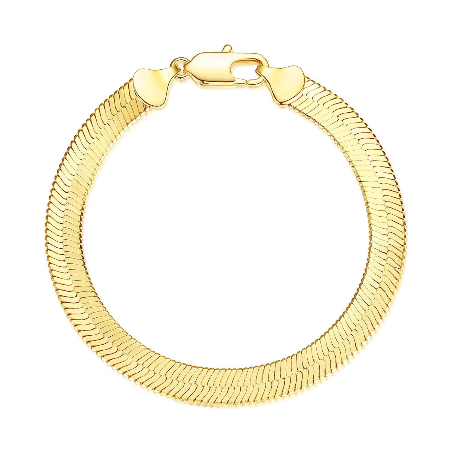 Wowshow Real Gold Plated Snake Chain Bracelet 7MM Flat Herringbone Chain Link Bracelet for Women