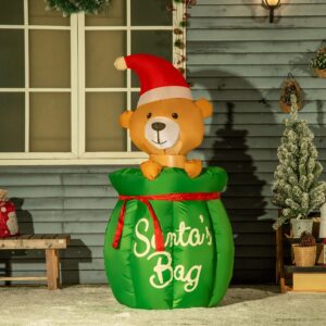 HOMCOM 4.5 ft. Christmas Inflatables Outdoor Decorations Bear in Santa Claus Toy Bag, Blow-Up Holiday Yard Christmas Decor with LED