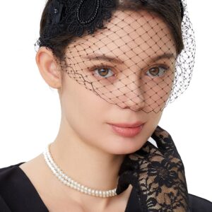 BABEYOND Bridal Wedding Veil Fascinator Mesh Lace Headband Tea Party Flower Fascinator Funeral Hats for Women Black