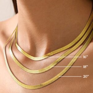 Wowshow Real Gold Plated Italian Snake Chain Necklace Flat Herringbone Choker Dainty Necklace for Women 4.5MM 18 Inch