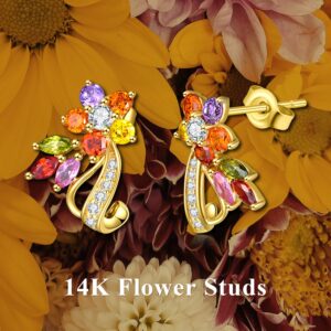 14K Real Gold Flower Stud Earrings for Women,Yellow/Rose Gold Created Moissanite Flower Leaf Stud Wrap Earrings,Christmas Birthday Present for Wife Mom