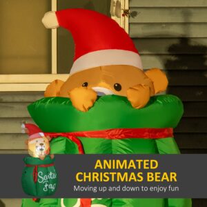 HOMCOM 4.5 ft. Christmas Inflatables Outdoor Decorations Bear in Santa Claus Toy Bag, Blow-Up Holiday Yard Christmas Decor with LED