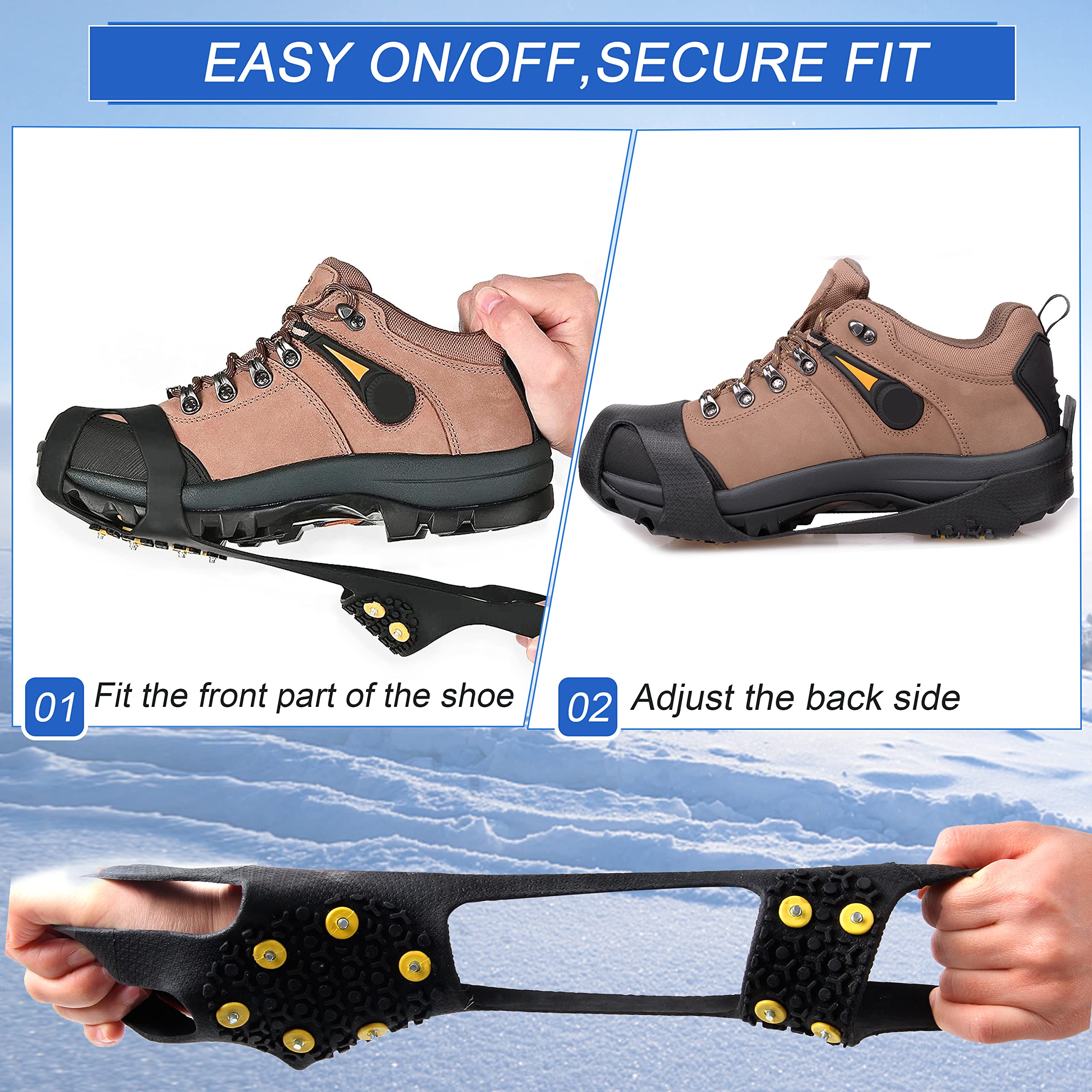 Ice Snow Cleats for Shoes Boots,Walk Traction Cleats Rubber Crampons Anti Slip 10-Stud Winter Ice Cleat Slip-on Stretch Footwear for Women Men Kids