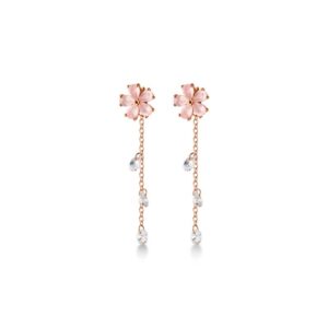 Dainty Cherry Blossoms Dangle Stud Earrings S925 Sterling Silver for Women Girls Rose Gold Pink Crystal CZ Diamond Dangling Charm Flower Leaf Threader Earring Ear Jackets Cute Jewelry Gifts Bridesmaid