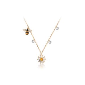 Honey Bee Daisy Flower Pendant Necklaces S925 Sterling Silver 18K Gold Plated for Women Dainty Dangling Diamond Crystal CZ Chokers Necklace Adjustable Chain Birthday