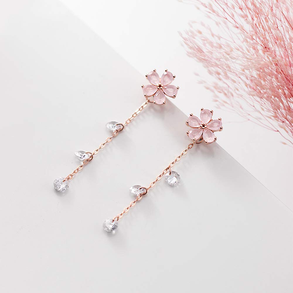 Dainty Cherry Blossoms Dangle Stud Earrings S925 Sterling Silver for Women Girls Rose Gold Pink Crystal CZ Diamond Dangling Charm Flower Leaf Threader Earring Ear Jackets Cute Jewelry Gifts Bridesmaid