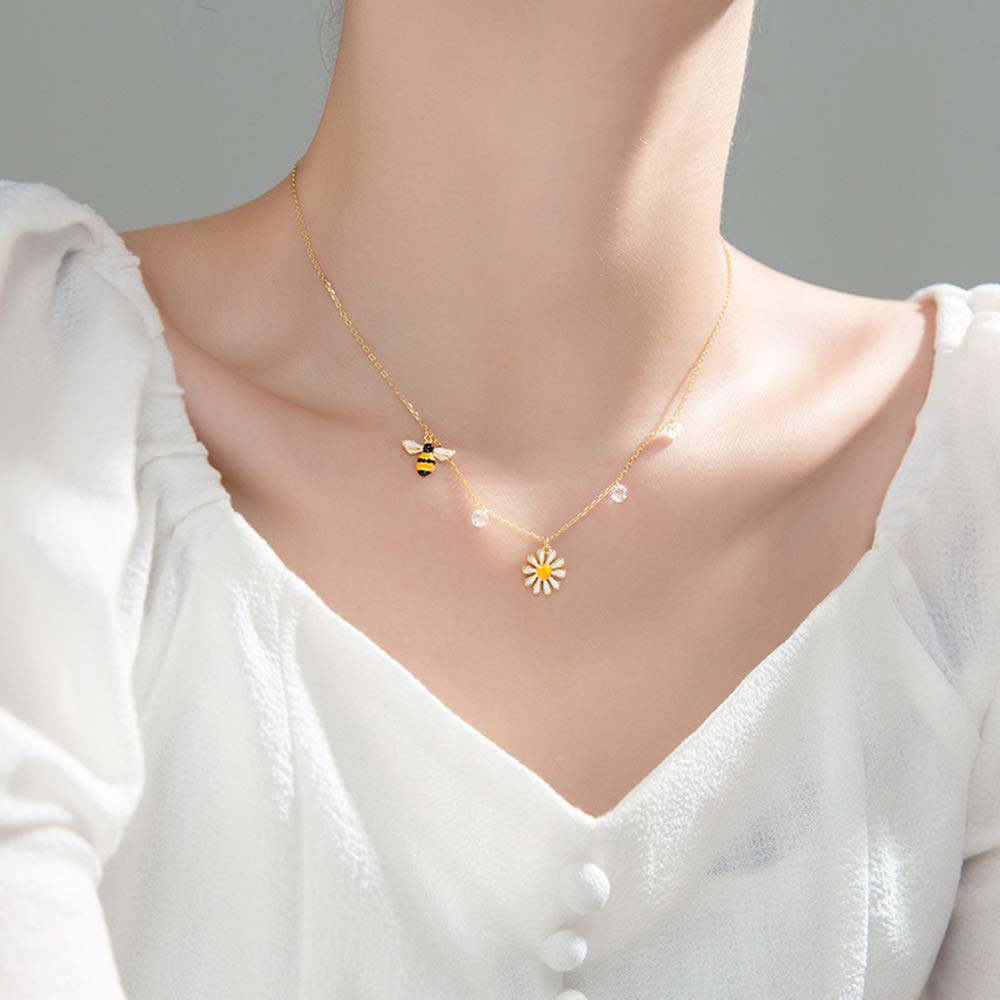 Honey Bee Daisy Flower Pendant Necklaces S925 Sterling Silver 18K Gold Plated for Women Dainty Dangling Diamond Crystal CZ Chokers Necklace Adjustable Chain Birthday