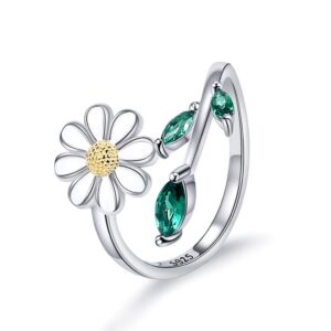 Bolelis 925-Sterling-Silver Sunflower Daisy Ring for Women - Cute Leaf Adjustable You are My Sunshine Ring,Promise Engagement Ring Jewelry for Women Girlfriend (Daisy Ring)