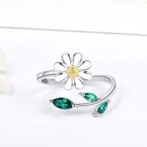 Bolelis 925-Sterling-Silver Sunflower Daisy Ring for Women - Cute Leaf Adjustable You are My Sunshine Ring,Promise Engagement Ring Jewelry for Women Girlfriend (Daisy Ring)