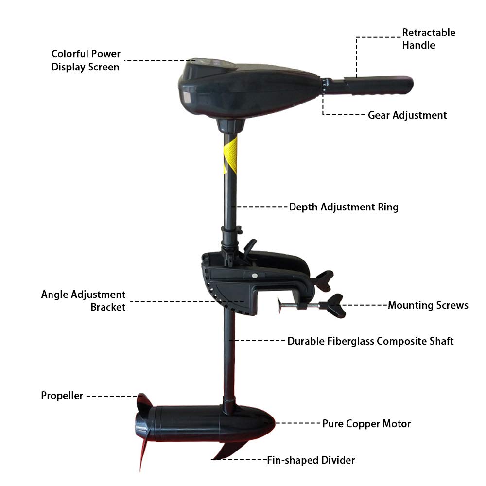 YUEWO Trolling Motor 34/50/60/65LBS Thrust Transom Mounted Saltwater Kayak Electric Boat Motor with 9 Levels of Colorful Power Display and 8 Variable Speed for Inflatable Fishing Boats