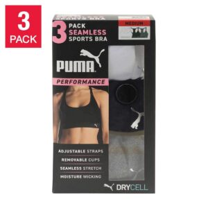 PUMA Women Sports Bra, 3-Pack (Black/White/Grey, Medium)