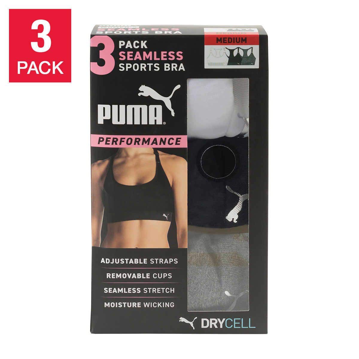 PUMA Women Sports Bra, 3-Pack (Black/White/Grey, Medium)