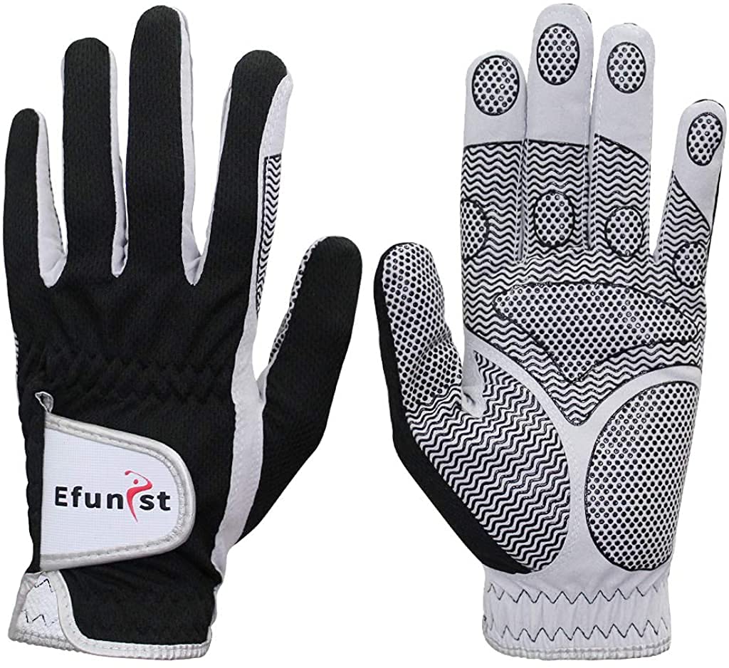 Efunist Men’s Golf Glove 2 Pack Black Left Hand Hot Wet Weather No Sweat Non-Slip Fit Size Small Medium Large XL XXL (25=Large, Worn on Left Hand(Right-Handed Golfer))