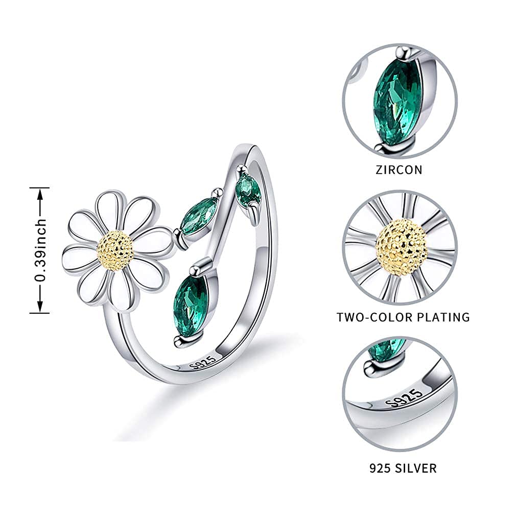 Bolelis 925-Sterling-Silver Sunflower Daisy Ring for Women - Cute Leaf Adjustable You are My Sunshine Ring,Promise Engagement Ring Jewelry for Women Girlfriend (Daisy Ring)