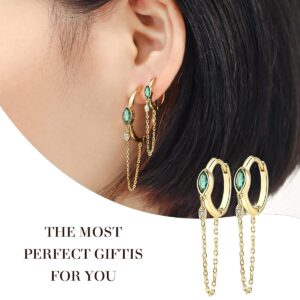 JIANGYUE 18K Gold Plated Chain Earrings for Women Emerald Green Hoop Earrings Tassel Dangle Earrings Trendy CZ Small Hypoallergenic Jewelry