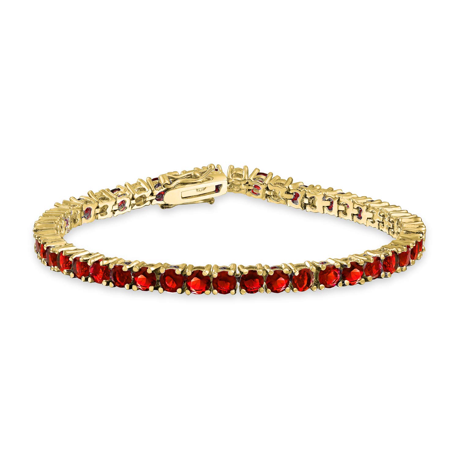 Bling Jewelry Traditional 12CTW Prong Basket Set Solitaire Round Cubic Zirconia Simulated AAA CZ Red Garnet Tennis Bracelet for Women Prom Bridesmaid 14K Gold Plated 7.5 Inch