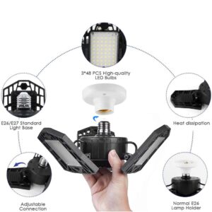 KONPWAY Deformable LED Garage Light - 6000 Lumen 6500K Daylight 60W, Three Leaf Garage Organization Ceiling Lighting