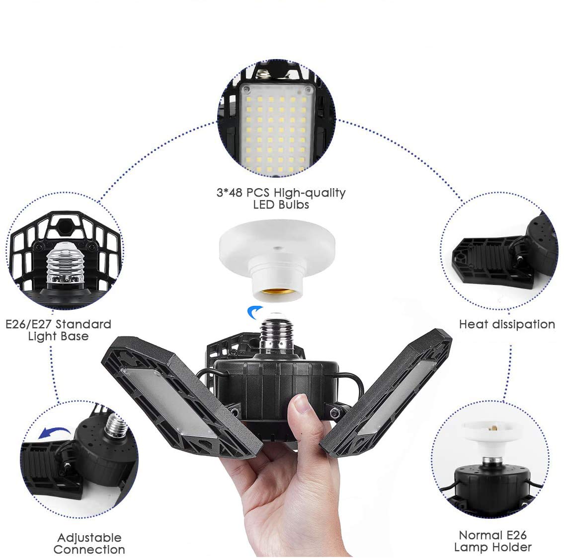 KONPWAY Deformable LED Garage Light - 6000 Lumen 6500K Daylight 60W, Three Leaf Garage Organization Ceiling Lighting