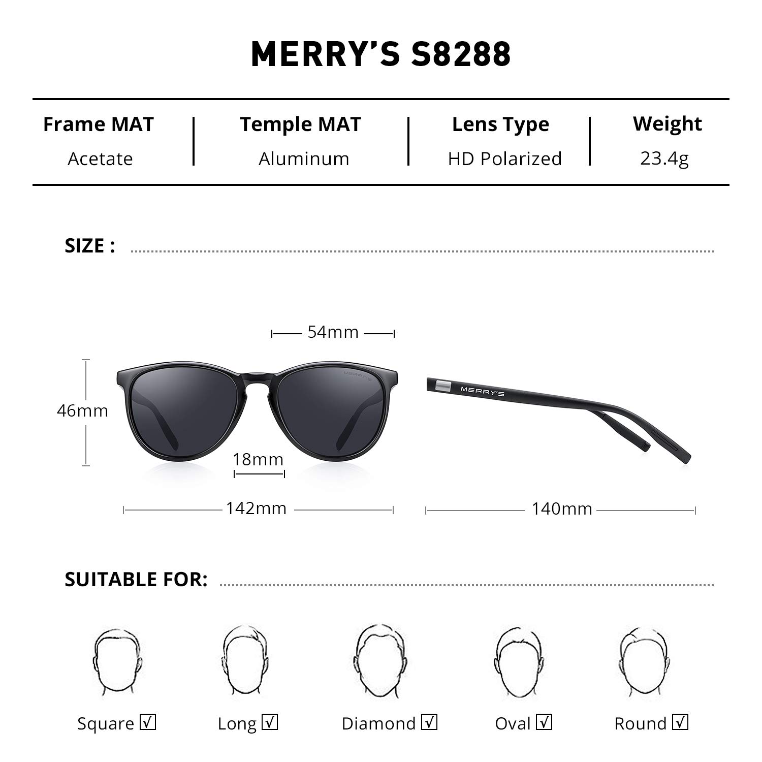 MERRY'S Polarized Sunglasses for Women Men Vintage Retro Classic Round Frame Aluminum Legs S8288 (Black&Black, 54)