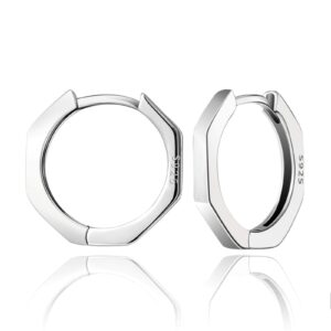 sweetv 925 sterling silver huggie hoop earrings for women 15mm small lightweight polished hexagonal hoops