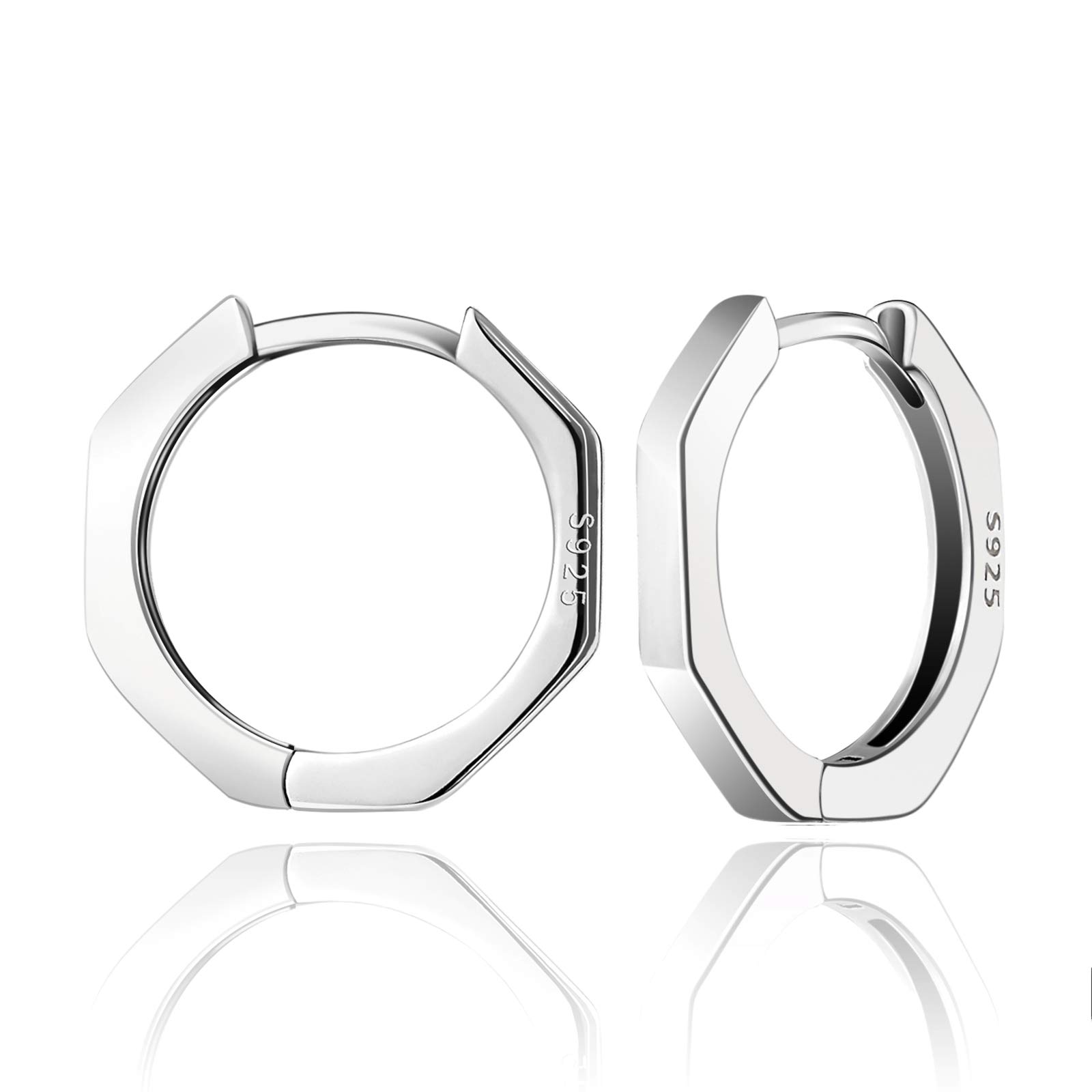 SWEETV 925 Sterling Silver Huggie Hoop Earrings for Women 15mm Small Lightweight Polished Hexagonal Hoops