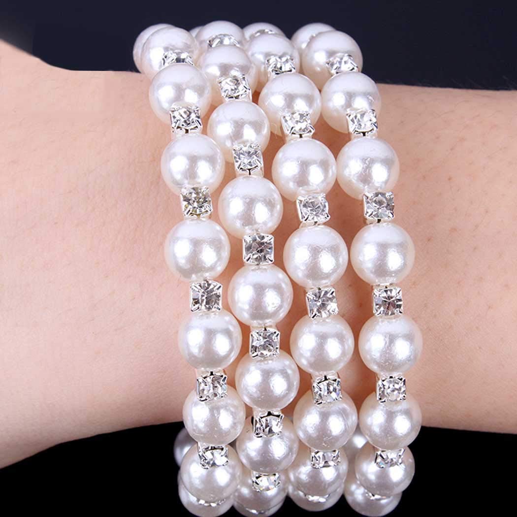 ELABEST Multi Row Pearl Bracelet Stretch Rhinestone Bracelet Bridal Body Jewelry Accessories for Women (style4)