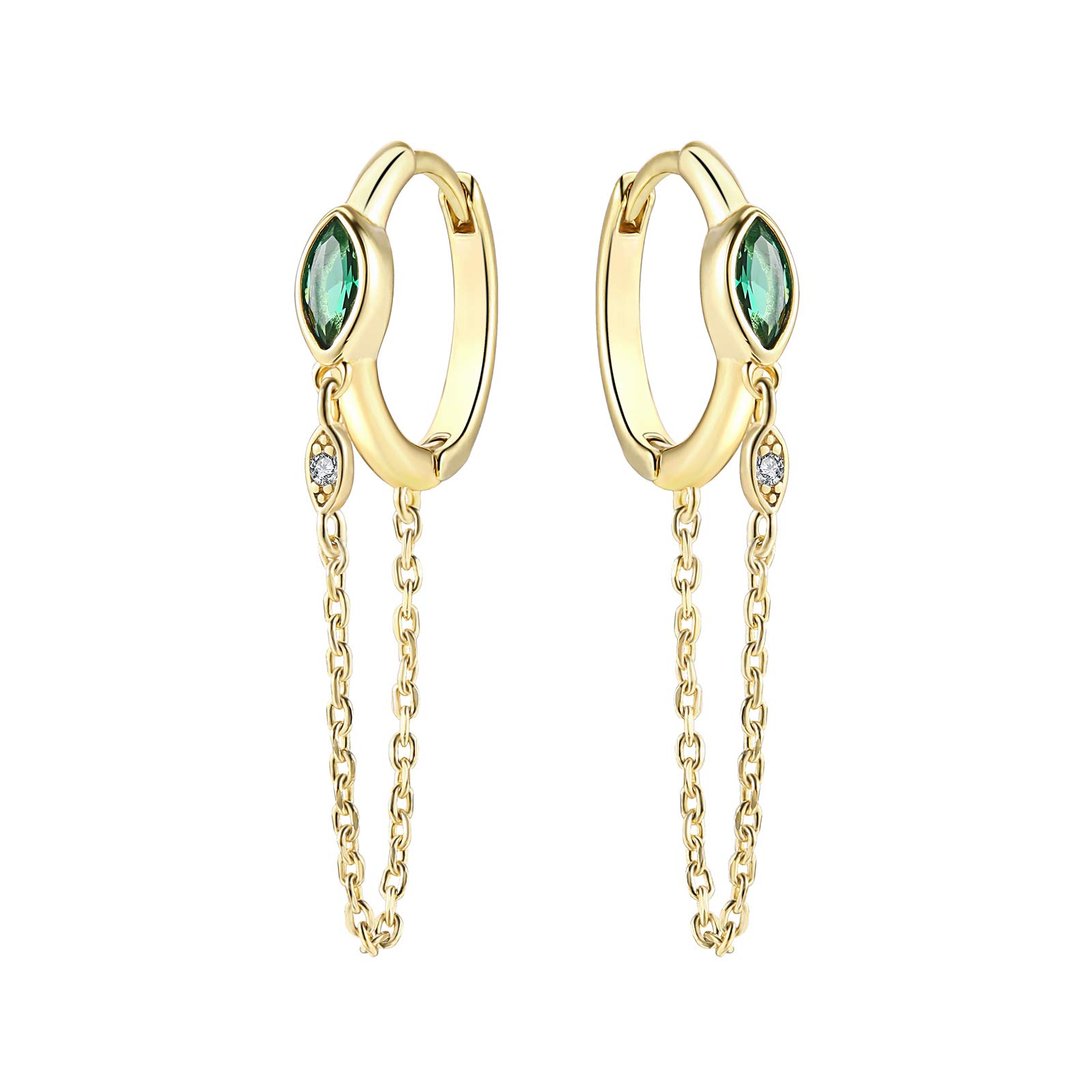 JIANGYUE 18K Gold Plated Chain Earrings for Women Emerald Green Hoop Earrings Tassel Dangle Earrings Trendy CZ Small Hypoallergenic Jewelry