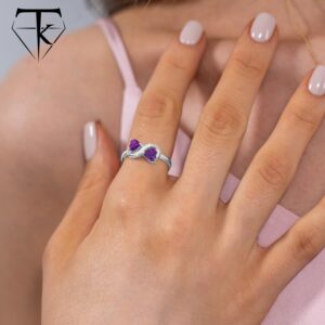 Takar 925 Sterling Silver Double Heart Amethyst And Diamond Infinity Ring, Birthstone Heart Ring, Amethyst Jewelry For Women Made In USA