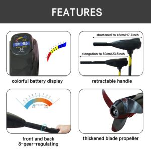 YUEWO Trolling Motor 34/50/60/65LBS Thrust Transom Mounted Saltwater Kayak Electric Boat Motor with 9 Levels of Colorful Power Display and 8 Variable Speed for Inflatable Fishing Boats