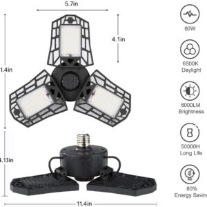 KONPWAY Deformable LED Garage Light - 6000 Lumen 6500K Daylight 60W, Three Leaf Garage Organization Ceiling Lighting