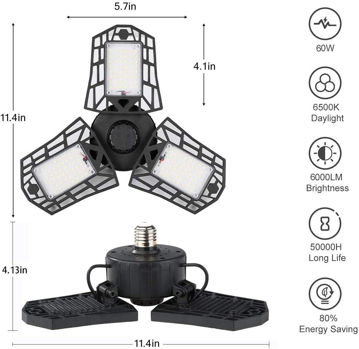 KONPWAY Deformable LED Garage Light - 6000 Lumen 6500K Daylight 60W, Three Leaf Garage Organization Ceiling Lighting