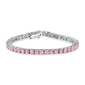 Bling Jewelry 12 CTW Prong Basket Set Solitaire Round Cubic Zirconia Simulated Light Pink Tourmaline AAA CZ Tennis Bracelet for Women Prom Bride Silver Plated