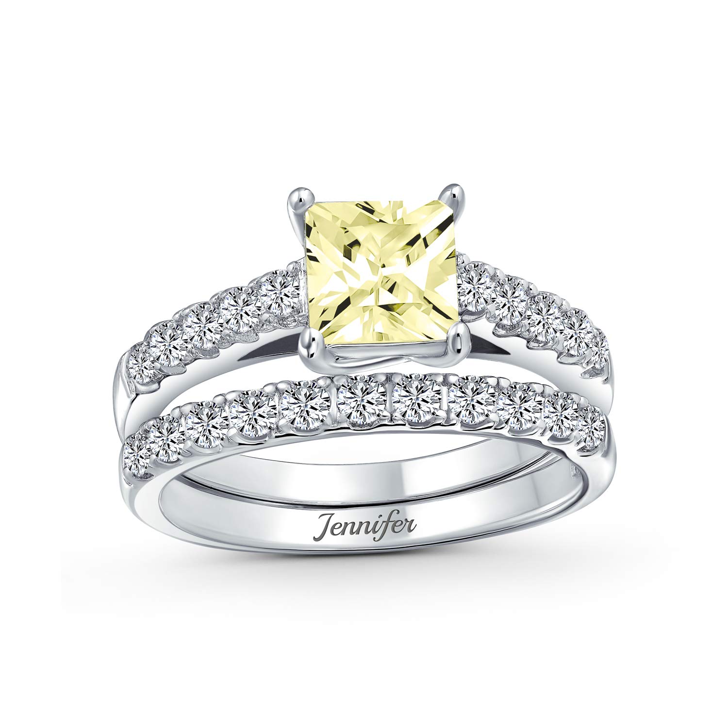 1CT Brilliant Canary Yellow Cubic Zirconia Square Princess Cut Solitaire Cathedral Setting Thin Eternity Pave Band AAA CZ Anniversary Engagement Wedding Ring Set .925 Sterling Silver