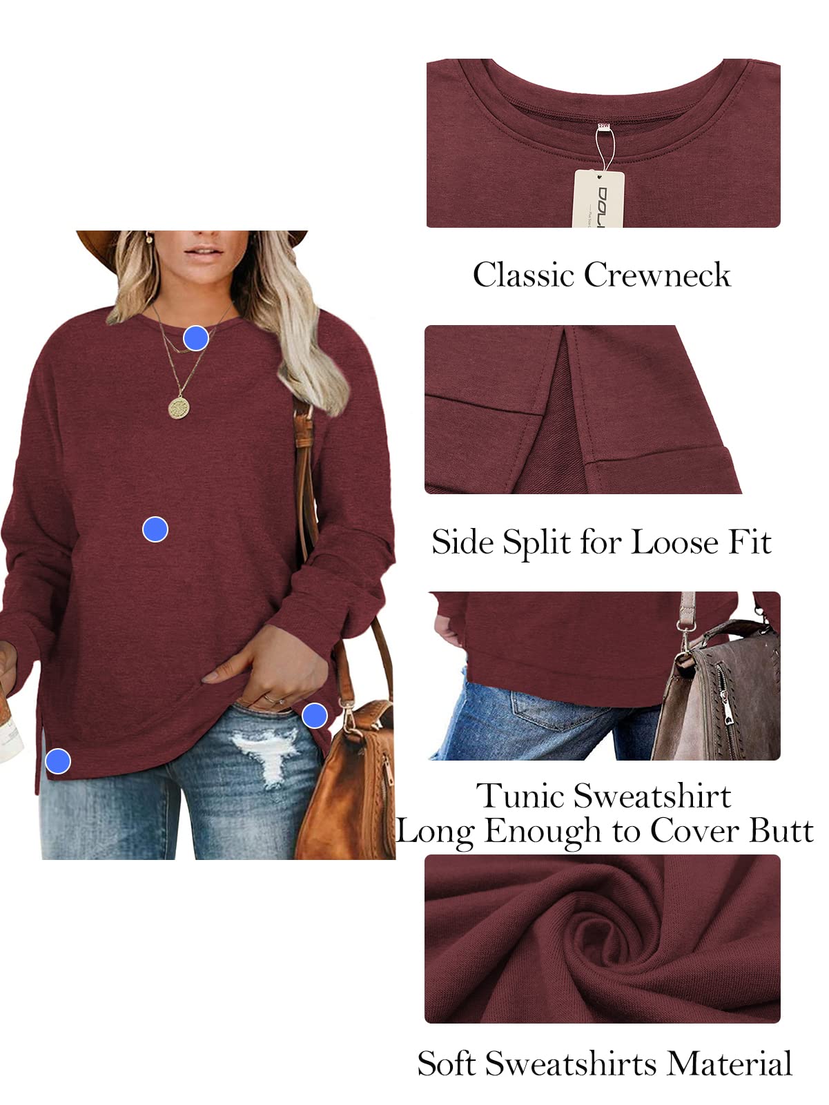 DOLNINE Plus Size Sweatshirts for Women 3X Side Slit Loose Tops Shirts Wine Red-24W